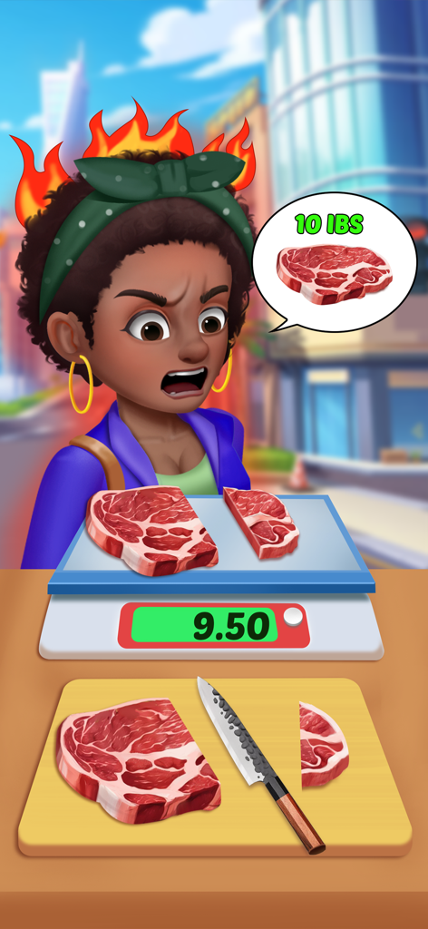 Happy Cooking : Cooking Game - An angry chef weighing steak in a Happy Cooking mini game