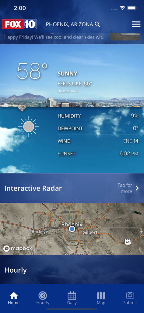 Tela inicial do aplicativo meteorológico FOX 10 Phoenix mostrando previsão de 58 graus com sol e mapa de radar interativo.