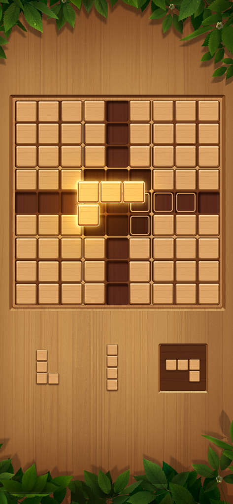 Block Puzzle-Wood Sudoku Game - Wood block puzzle gameplay on a 9 by 9 grid with a natural wood aesthetic and green leaves