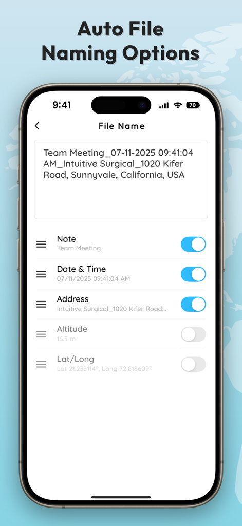 Interface showing auto file naming options with toggles for note date time and address in the GPS Map Camera Lite app