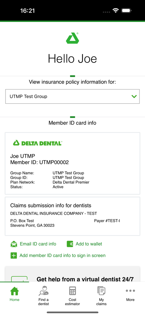 Delta Dental mobile app screen displaying a digital member ID card with insurance policy information