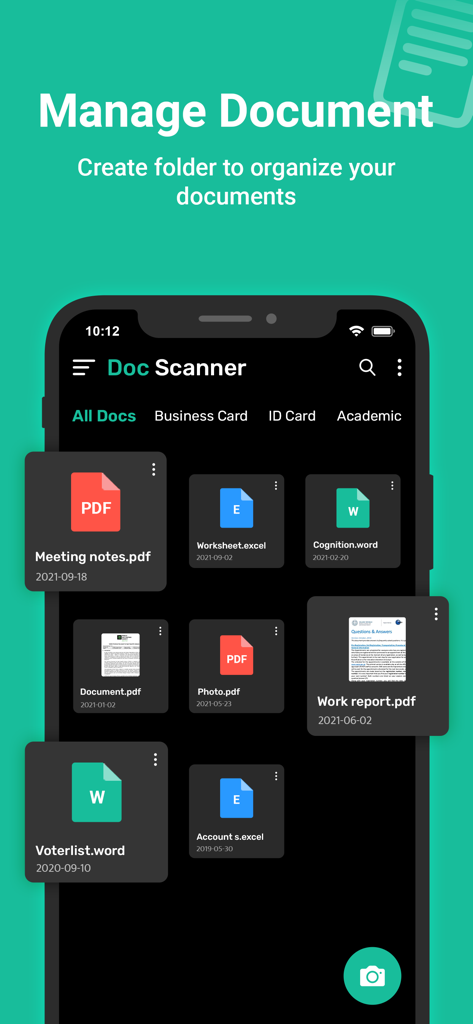 Cam Scanner - Doc Scan - Interface d'application mobile pour gérer et organiser les documents et fichiers numérisés