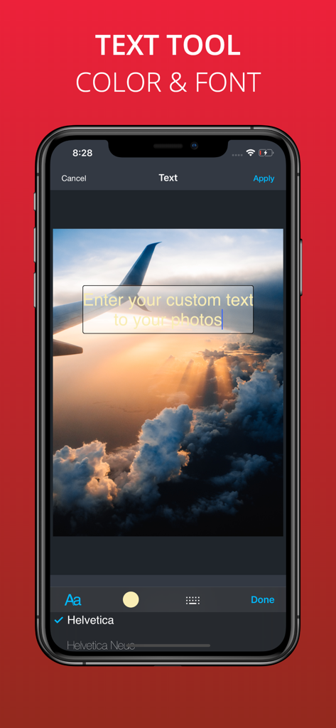 Pantalla de iPhone mostrando la interfaz de la herramienta de texto para añadir subtítulos personalizados con opciones de fuente y color a una foto