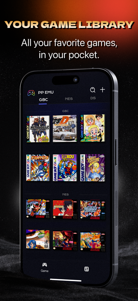 PP EMU - 3DS PSP Game Emulator - Pantalla del iPhone mostrando la biblioteca de juegos retro de PP EMU con carátulas de juegos GBC y NES