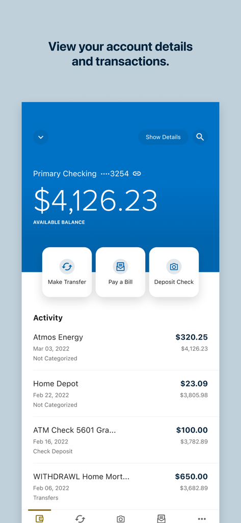 ORNL Federal Credit Union - ORNL Federal Credit Union mobile app interface showing account balance and recent transactions