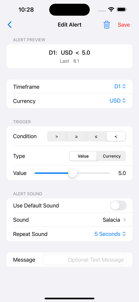 Screen for editing currency strength alerts in the Forex Strength Meter Pro app.
