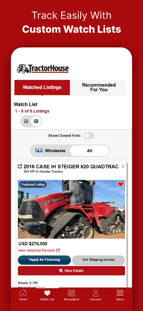 TractorHouse: Farm Equipment - TractorHouse app interface displaying a watched listing for a used Case IH tractor with financing and shipping options