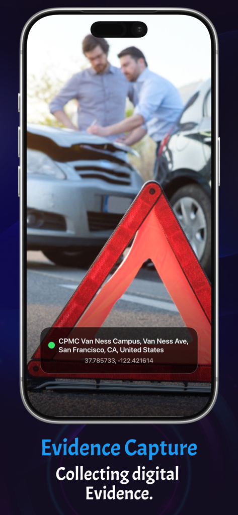 GPS Camera: Live Map & Geotag - GPS Camera app showing a geotagged photo of a car accident scene with location data and coordinates for evidence collection