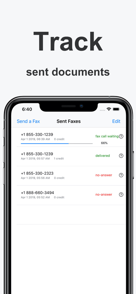 A list of sent faxes on iPhone showing delivery status and progress tracking.