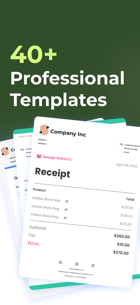 Receipt Maker - Screenshot of Receipt Maker app highlighting over 40 professional receipt templates for micro-entrepreneurs and freelancers