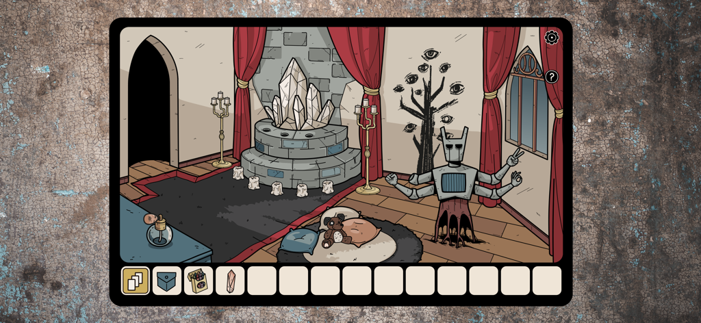 Hidden Memories - Gameplay screenshot of a mysterious room in Hidden Memories with crystals a four armed robot and red curtains