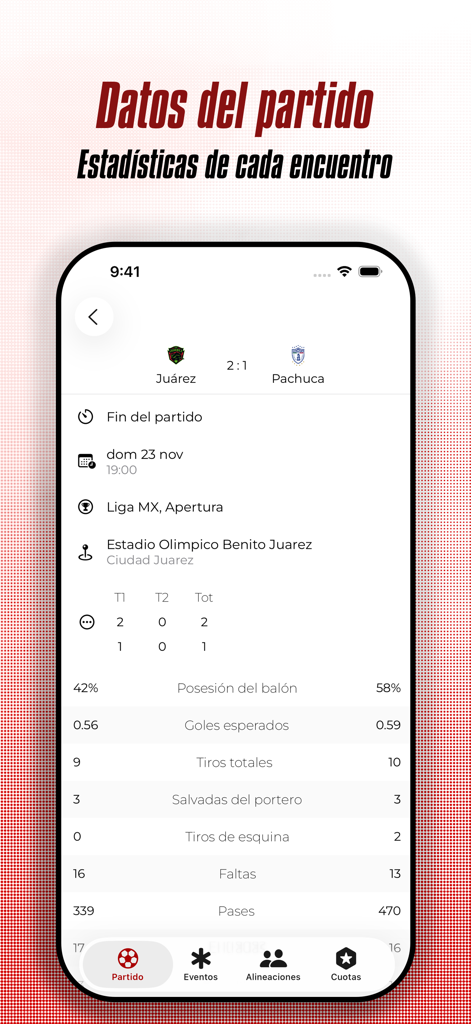 Captura de pantalla de la app Liga Fútbol MX mostrando estadísticas detalladas del partido Juárez vs Pachuca, incluyendo posesión y tiros.