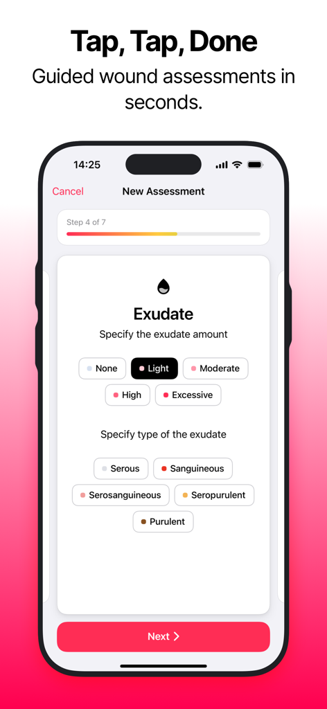 Mobile app screen showing a guided wound assessment step for documenting exudate amount and type