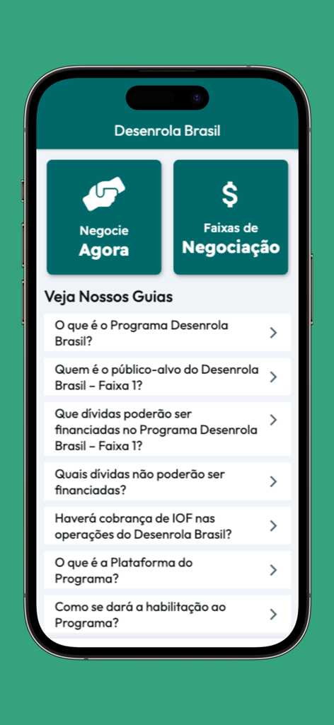 Desenrola Brasil Limpa Nome - Main screen of the Desenrola Brasil app showing debt negotiation options and information guides