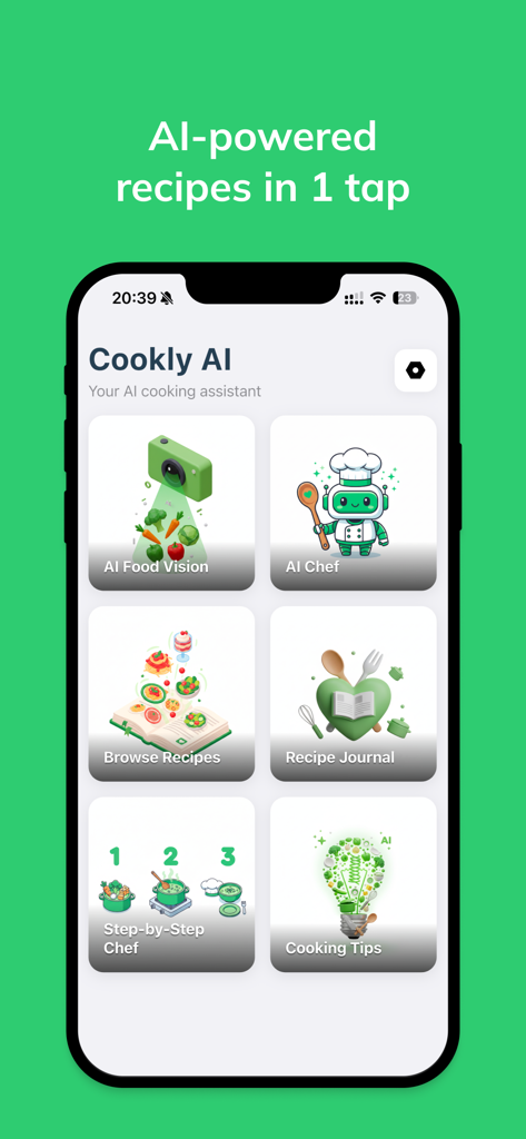 Recipe me & Ai food scanner - Panel de la aplicación móvil Cookly AI que muestra funciones como AI Food Vision, AI Chef y Recipe Journal