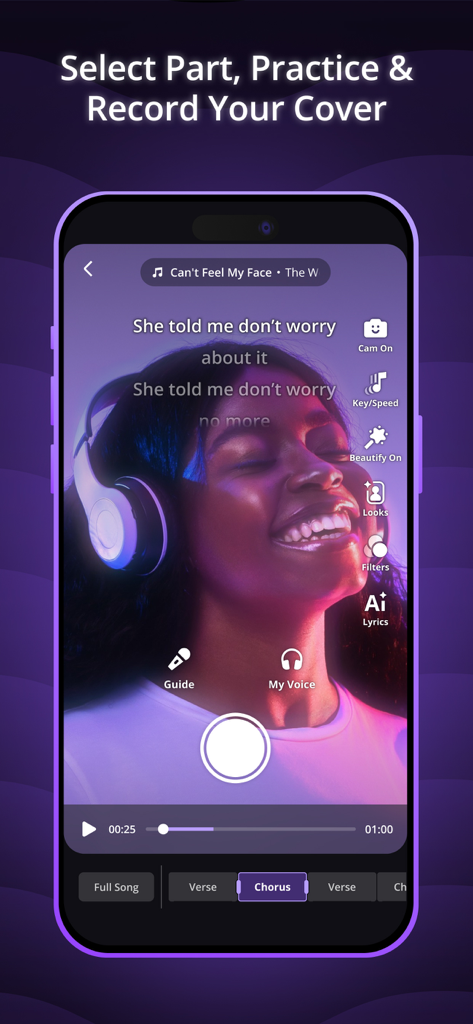 Mixit: Sing & Create Covers - A young woman recording a song cover with lyrics and AI vocal effects on the Mixit mobile app interface