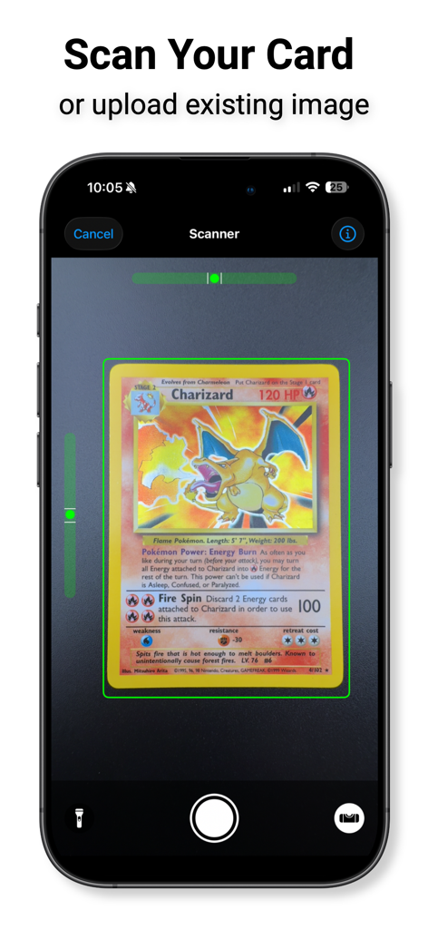 Smartphone app scanning a Charizard card to calculate centering ratios for grading