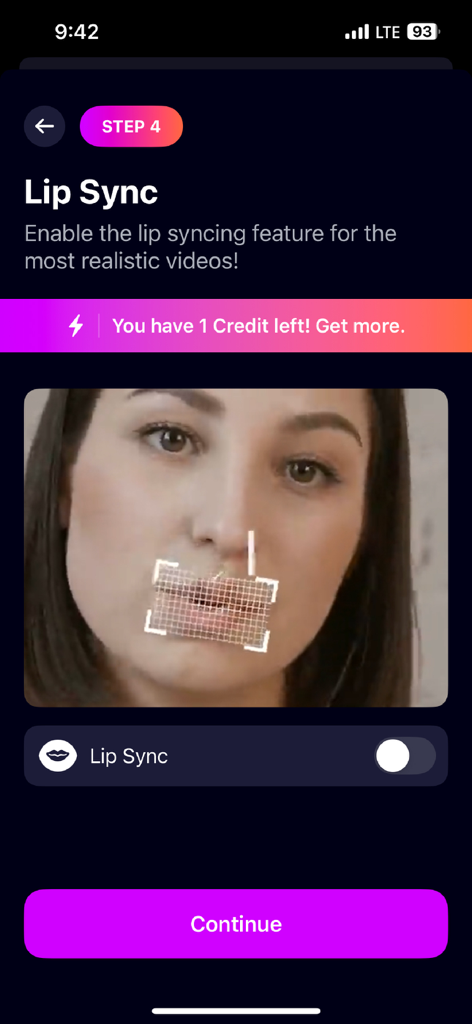 AiDub App-Bildschirm zeigt KI-Lippen-Synchronisationstechnologie, angewendet auf das Gesicht einer Frau für realistische Videoübersetzung
