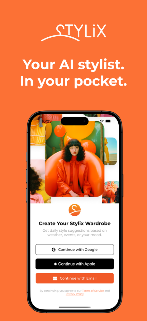Stylix AI - Stylix AI app welcome screen on a smartphone featuring an AI stylist slogan and sign-in options