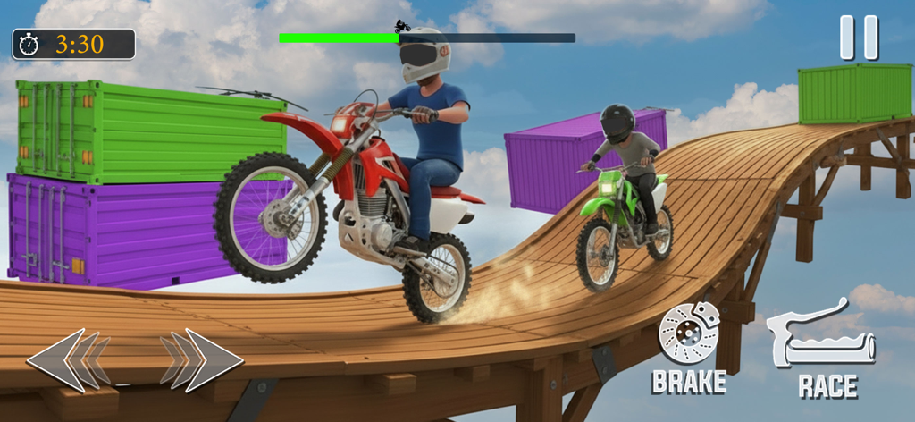 Uma moto de terra realizando uma acrobacia em uma pista de madeira no jogo Extreme Bike Stunt Motorcycle.
