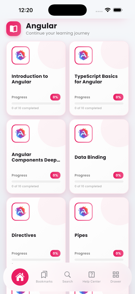 Learn Angular Development - Learn Angular Development App-Oberfläche, die verschiedene Programmiermodule und Kursfortschrittsbalken zeigt