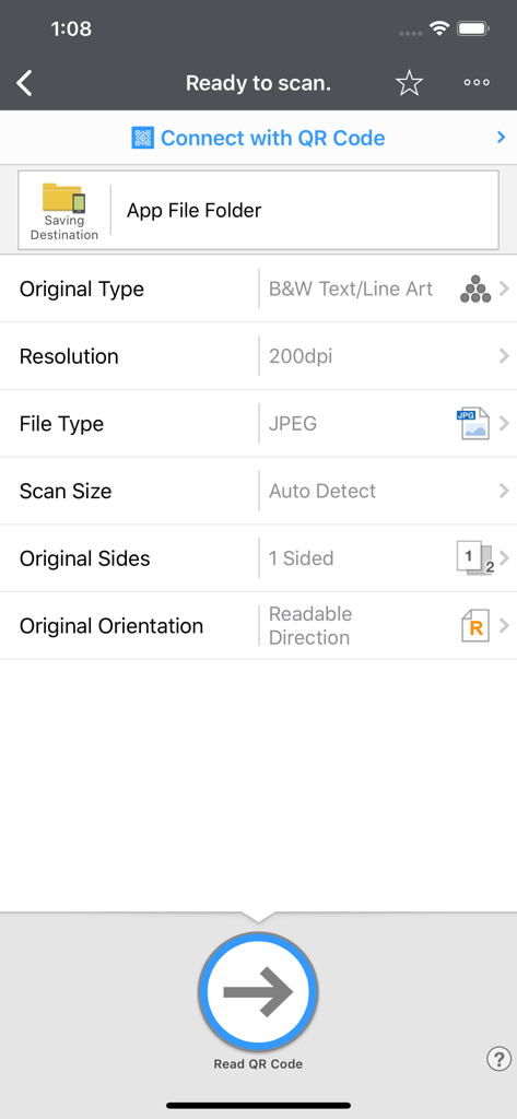 Schermata delle impostazioni di scansione e connessione tramite codice QR di RICOH Smart Device Connector