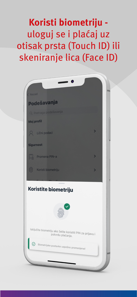 mBankar ProCredit Bank Srbija - Mobile banking app interface showing biometric security options for Touch ID and Face ID login.