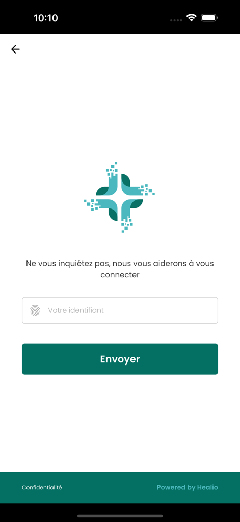 Login assistance screen for the Healio medical app with identifier input field.