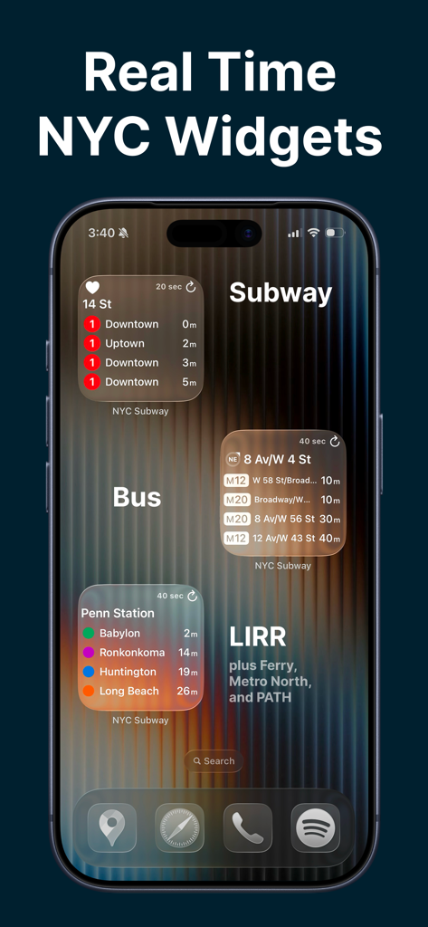 Tela inicial do iPhone mostrando widgets de transporte em tempo real de NYC para horários de partida de metrô, ônibus e LIRR
