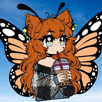 a realistic butterfly/furry girl drinking boba