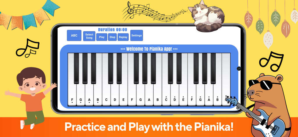 Virtual pianica app interface showing a keyboard with note labels and colorful cartoon characters