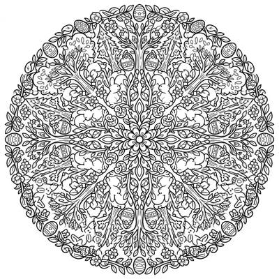 Immerse yourself in the festive spirit with this unique Easter Kaleidoscope Trees coloring page. This intricate mandala design beautifully merges arboreal patterns with playful bunnies, decorated eggs, and spring blossoms for a delightful coloring experience.