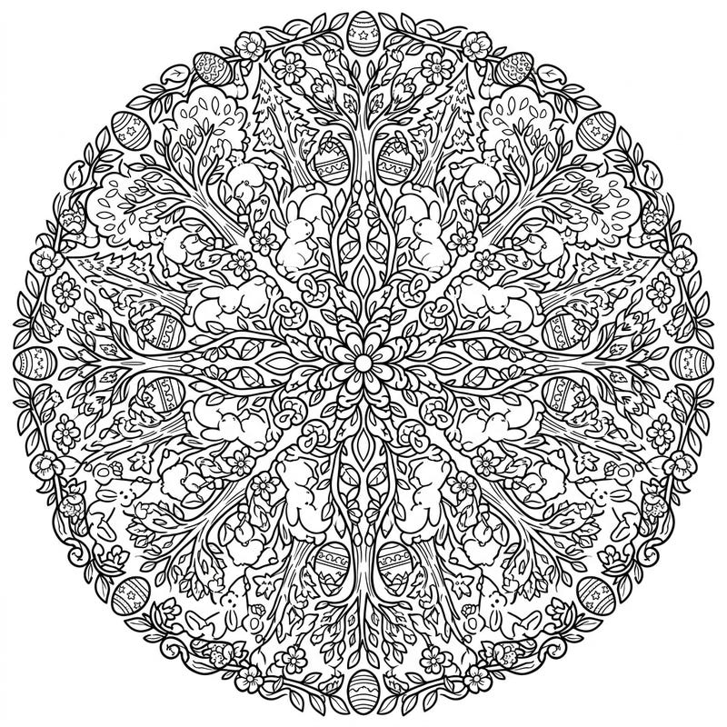 Immerse yourself in the festive spirit with this unique Easter Kaleidoscope Trees coloring page. This intricate mandala design beautifully merges arboreal patterns with playful bunnies, decorated eggs, and spring blossoms for a delightful coloring experience.