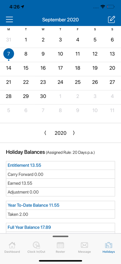Timepoint - Timepoint app interface displaying employee holiday balances and entitlement calendar