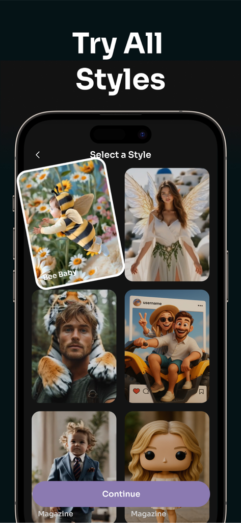X Art: AI Photo Generator - X Art app screen showing different AI photo styles for selection