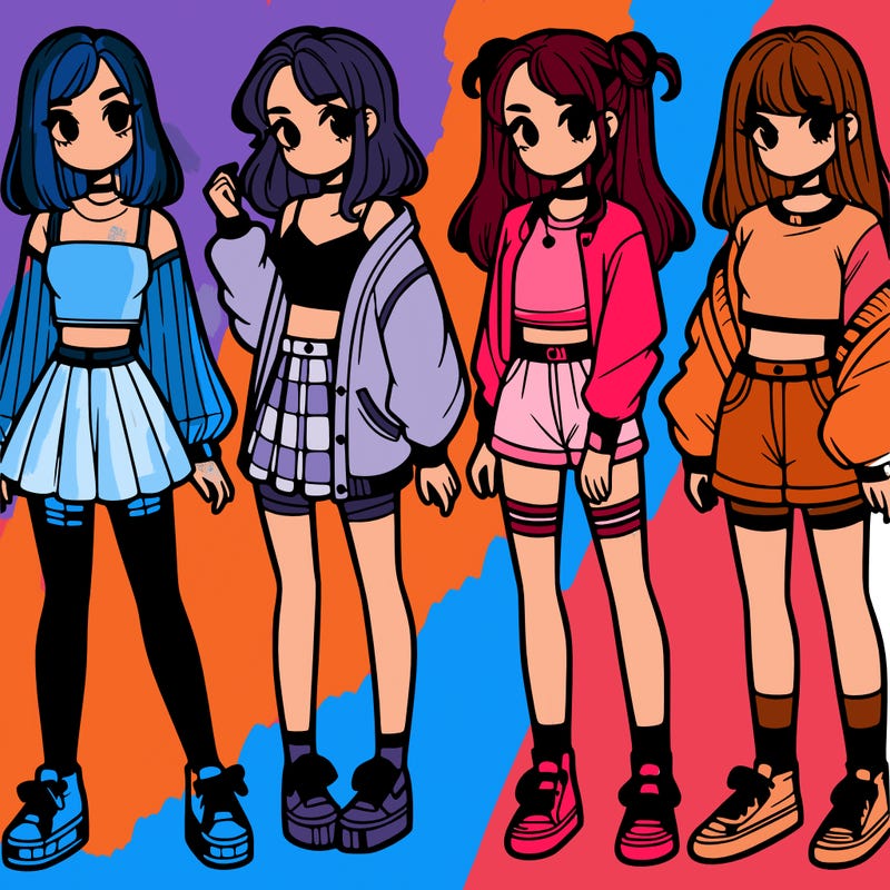 one girl with crop-top shirt and a jacket with a skirt, long socks and another girl with a shirt and pants with a jacket