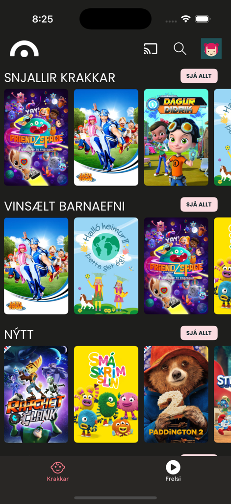 SÝN Sjónvarp - SYN Sjonvarp app interface displaying a selection of children's movies and TV shows in Icelandic
