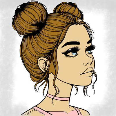 realistic girl with buns on the top of her head