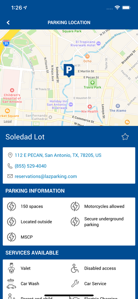 LAZ Parking app screen showing parking location details with a map and list of services
