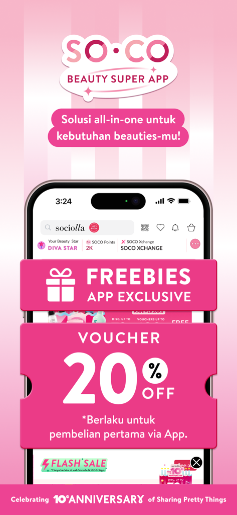 SOCO beauty super app promotion screen with exclusive freebies and a twenty percent off voucher for first time app users