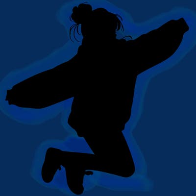 realistic girl jumping with a bun and oversized sweatshirt