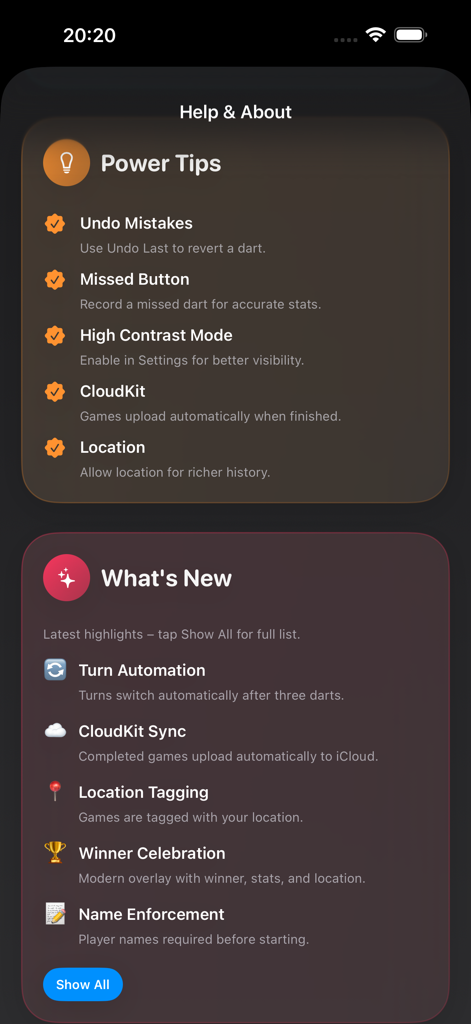 The Help and About screen of the Cricket Darts Chalkboard app showing power tips and what is new features
