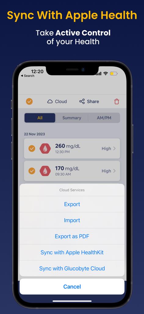 Blood Sugar Monitor Glucobyte - Glucobyte mobile app interface showing blood glucose logs and Apple Health integration settings
