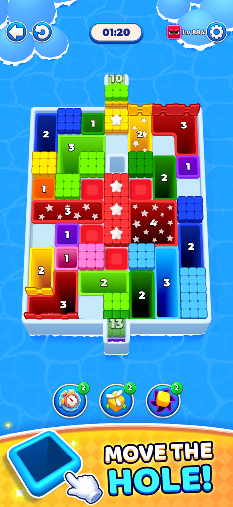 Hole Drop Puzzle - Hole Drop Puzzle gameplay showing a colorful board of numbered blocks and a move the hole instruction