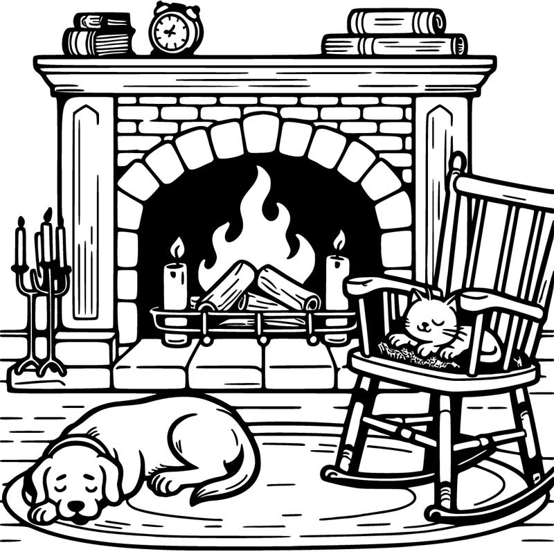 fireplace dog sleeping on floor and rocking chair with cat sleeping on chair