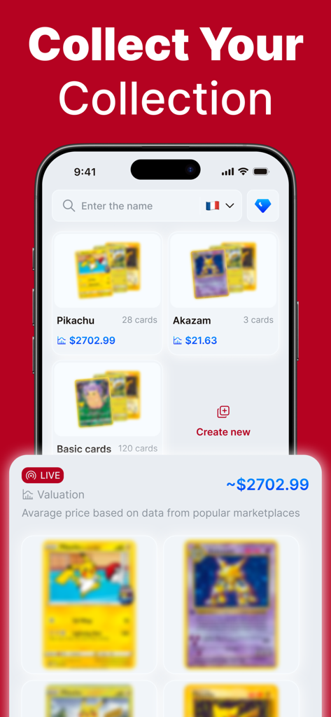 TCG Card Value Scanner - DEX - A mobile interface showing a digital TCG collection with Pikachu cards and live market valuation.