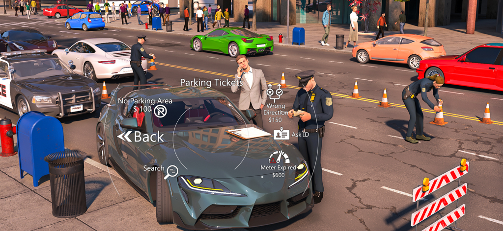 Patrol Officer Police Games 3D - A police officer issuing a parking ticket to a sports car in a 3D city simulation game
