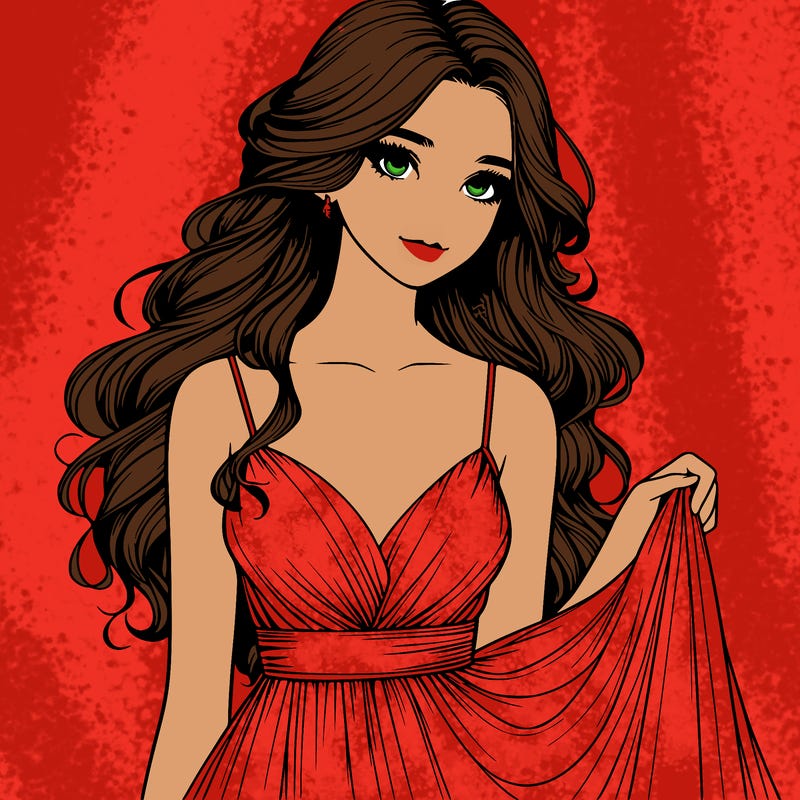 realistic girl in flowy silky prom dress