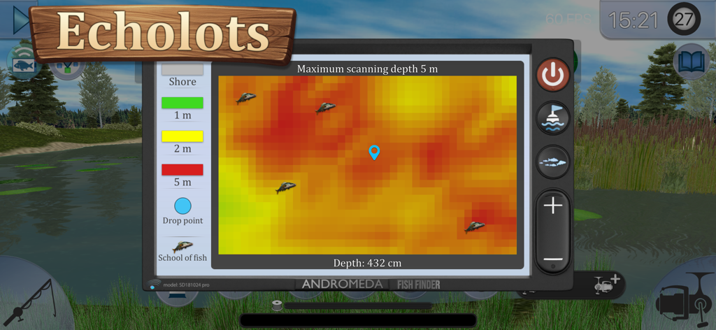 True Fishing 2 - Interface of the Andromeda Fish Finder tool in True Fishing 2 showing depth and schools of fish.