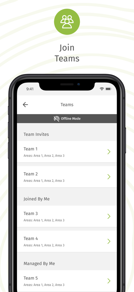 Pantalla de smartphone de la aplicación Forest Watcher que muestra la interfaz de gestión de equipos en modo sin conexión con una lista de equipos de conservación activos.